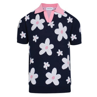 Polo tricot vintage marine à motifs marguerites pour homme – Col rose rétro des années 70