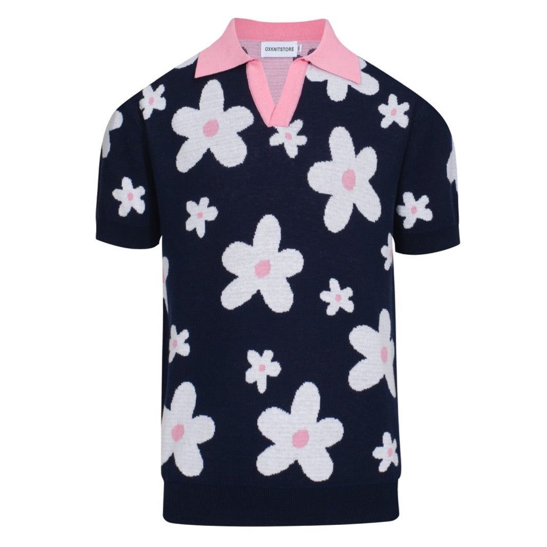 Polo tricot vintage marine à motifs marguerites pour homme – Col rose rétro des années 70