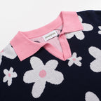 Polo tricot vintage marine à motifs marguerites pour homme – Col rose rétro des années 70