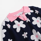Polo tricot vintage marine à motifs marguerites pour homme – Col rose rétro des années 70