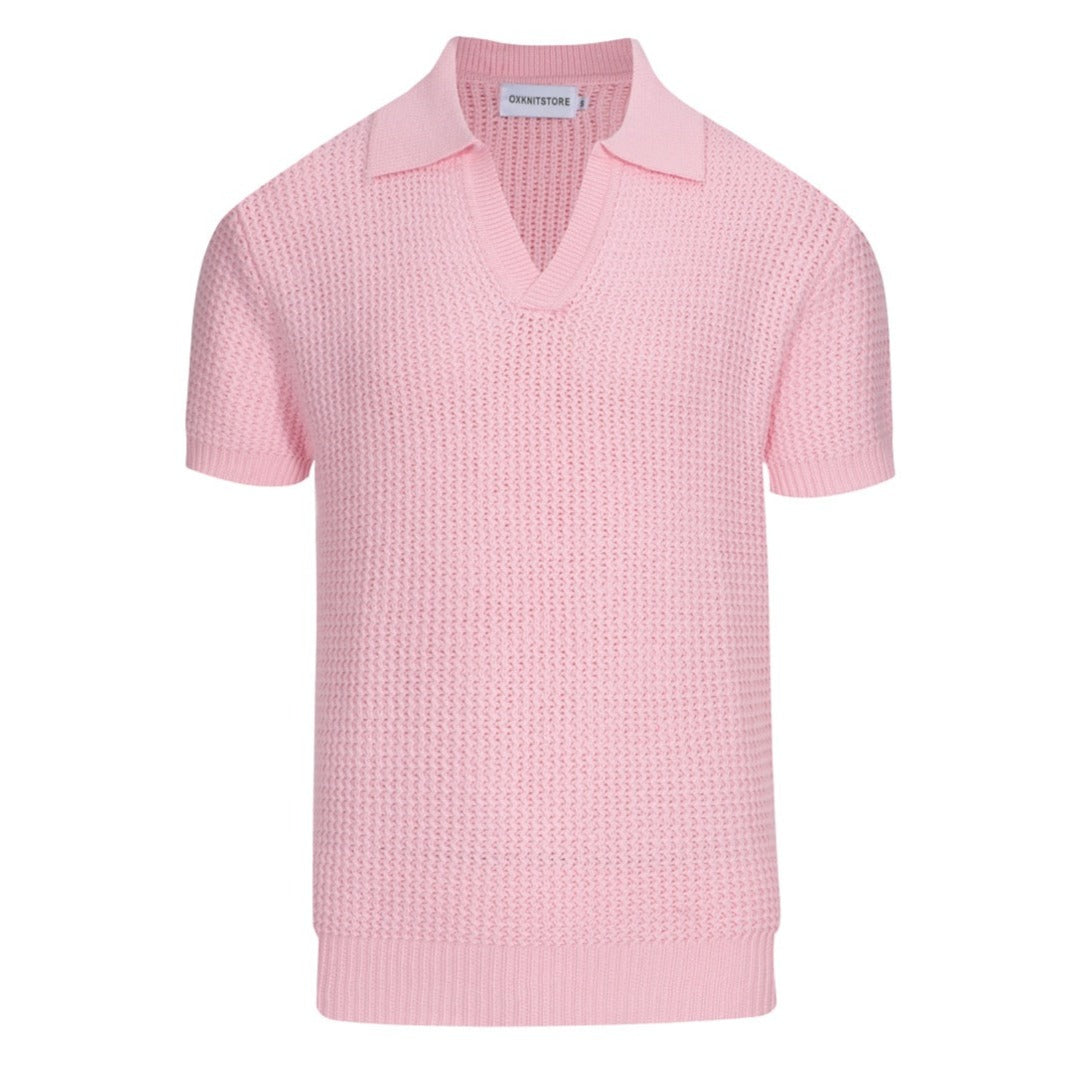 Chemise légère à col V pour homme en tricot gaufré rose rétro des années 60
