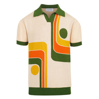 Chemise rétro en tricot pour homme – Polo crème vintage à motifs géométriques des années 70