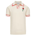 Chemise polo vintage pour homme – Chemise crème à boutons avec broderie rose rétro