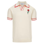 Chemise polo vintage pour homme – Chemise crème à boutons avec broderie rose rétro