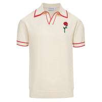 Chemise polo vintage pour homme – Chemise crème à boutons avec broderie rose rétro