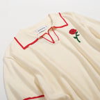 Chemise polo vintage pour homme – Chemise crème à boutons avec broderie rose rétro