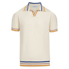 Pull en tricot crème style années 60 pour homme – Bordure multicolore
