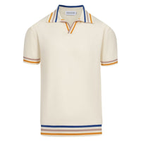 Pull en tricot crème style années 60 pour homme – Bordure multicolore