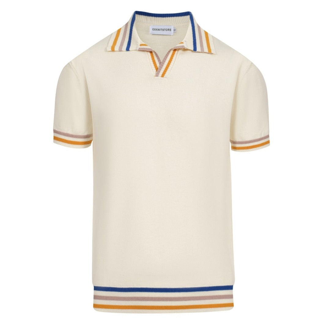 Pull en tricot crème style années 60 pour homme – Bordure multicolore