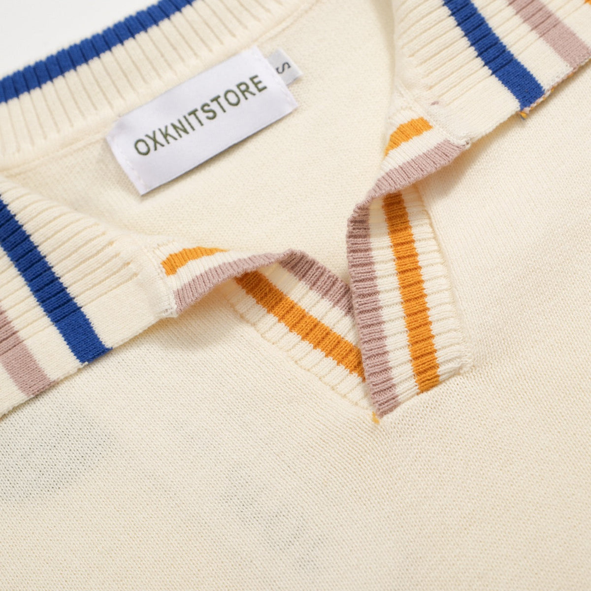 Pull en tricot crème style années 60 pour homme – Bordure multicolore