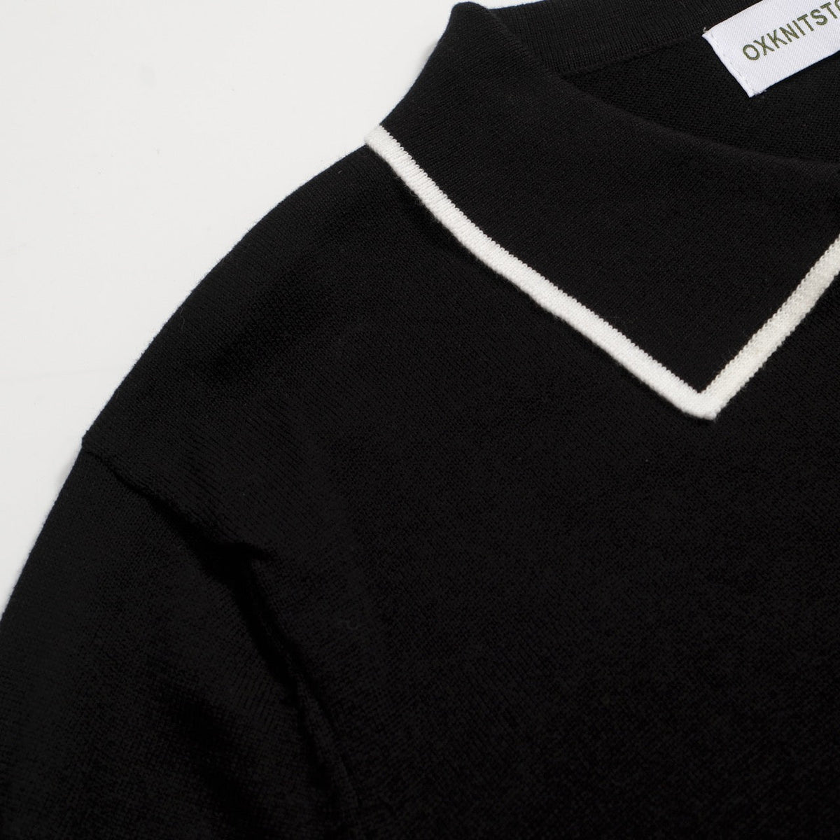 Chemise Polo Rétro Noir Années 70 pour Homme – Tricot avec Boutons Contrastés