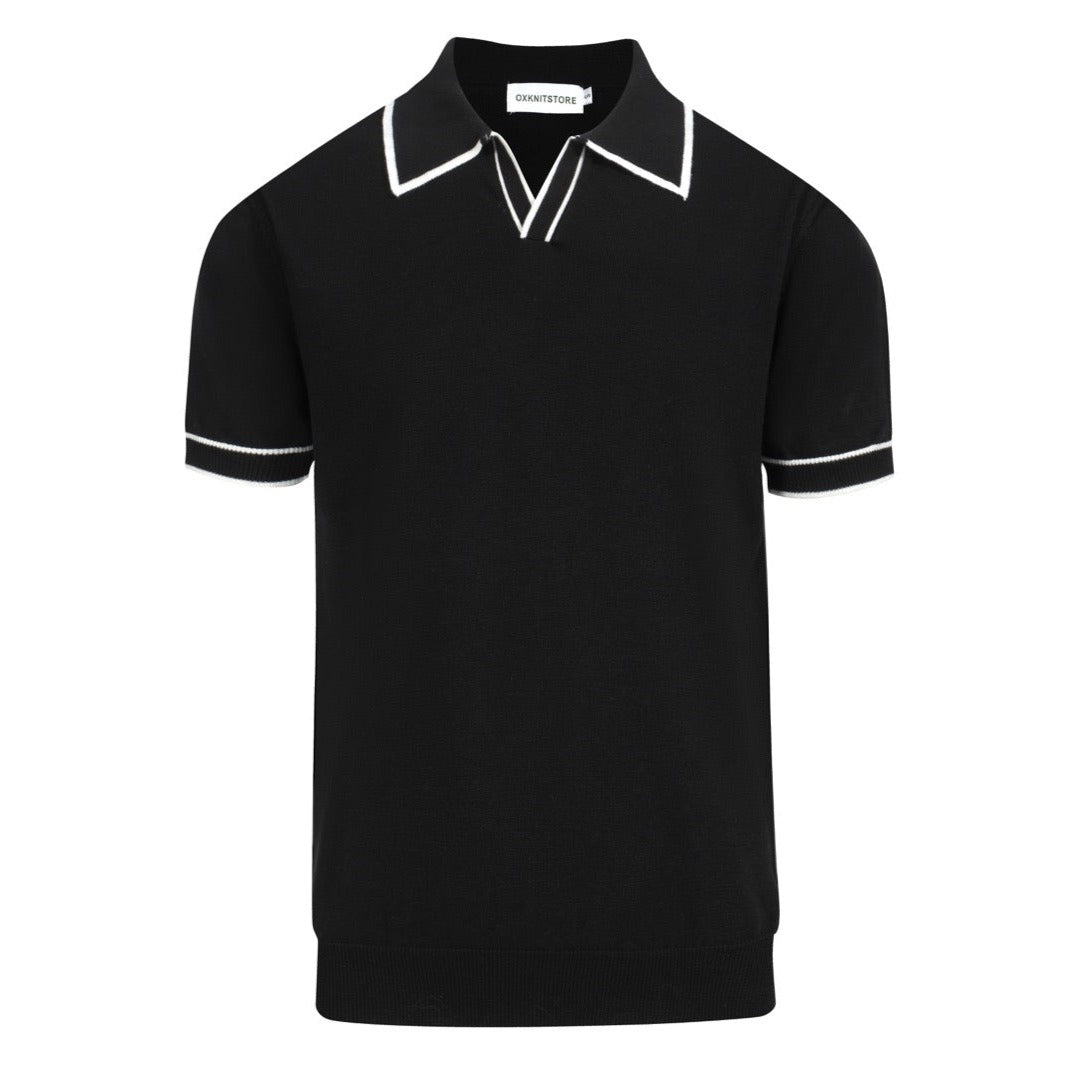 Chemise Polo Rétro Noir Années 70 pour Homme – Tricot avec Boutons Contrastés