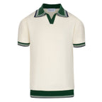 Chemise polo vintage homme années 70 – Crème rétro avec col et bordures rayées vertes