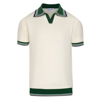 Chemise polo vintage homme années 70 – Crème rétro avec col et bordures rayées vertes