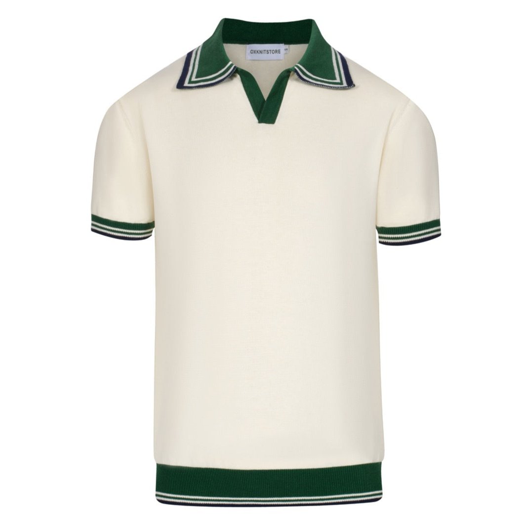Chemise polo vintage homme années 70 – Crème rétro avec col et bordures rayées vertes