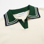 Chemise polo vintage homme années 70 – Crème rétro avec col et bordures rayées vertes