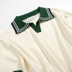 Chemise polo vintage homme années 70 – Crème rétro avec col et bordures rayées vertes