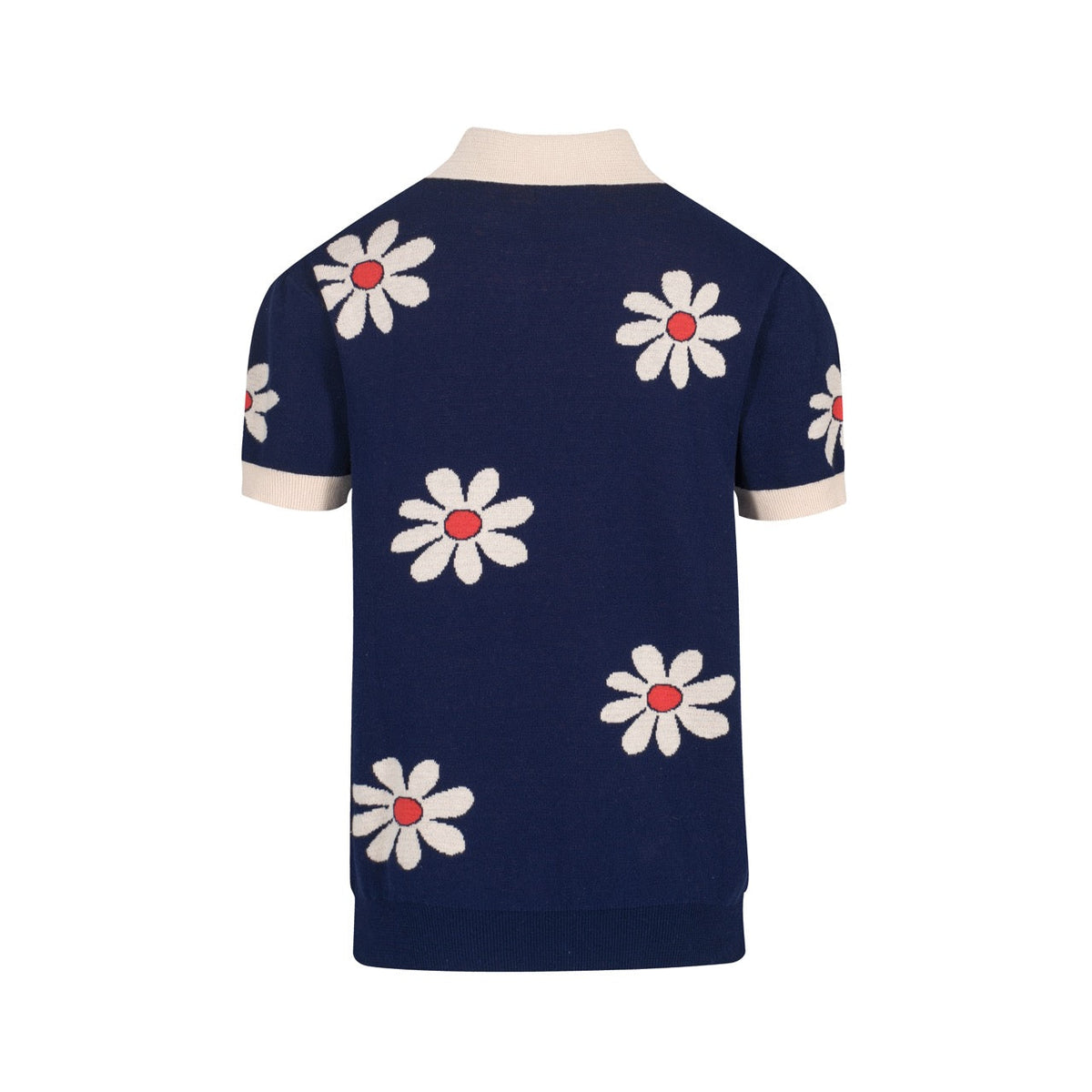 Pull rétro pour homme en tricot fleurs des années 70 – Marine vintage avec motif marguerite