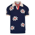 Pull rétro pour homme en tricot fleurs des années 70 – Marine vintage avec motif marguerite