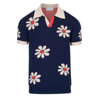 Pull rétro pour homme en tricot fleurs des années 70 – Marine vintage avec motif marguerite