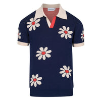 Pull rétro pour homme en tricot fleurs des années 70 – Marine vintage avec motif marguerite
