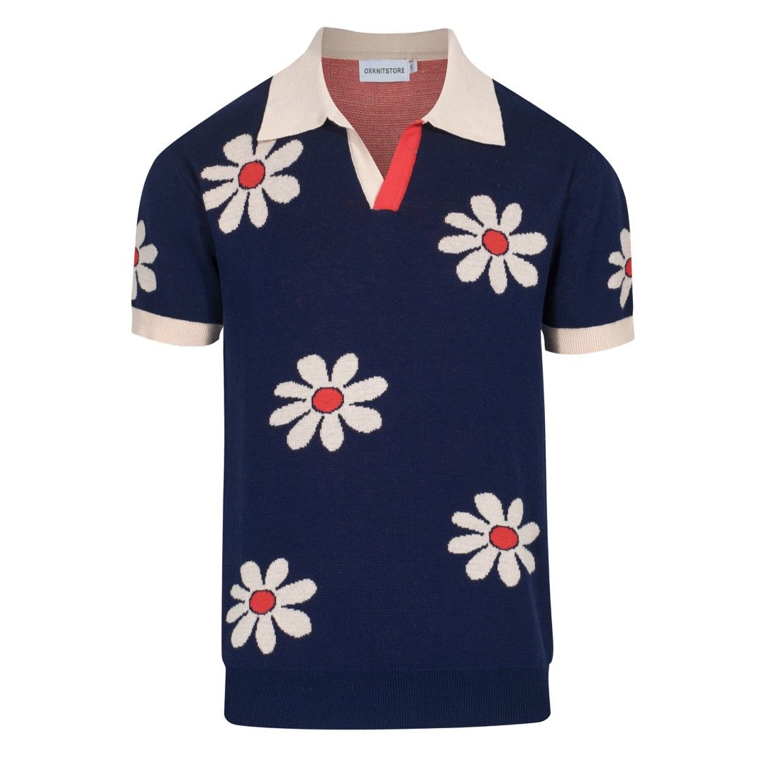 Pull rétro pour homme en tricot fleurs des années 70 – Marine vintage avec motif marguerite