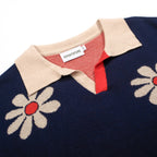 Pull rétro pour homme en tricot fleurs des années 70 – Marine vintage avec motif marguerite