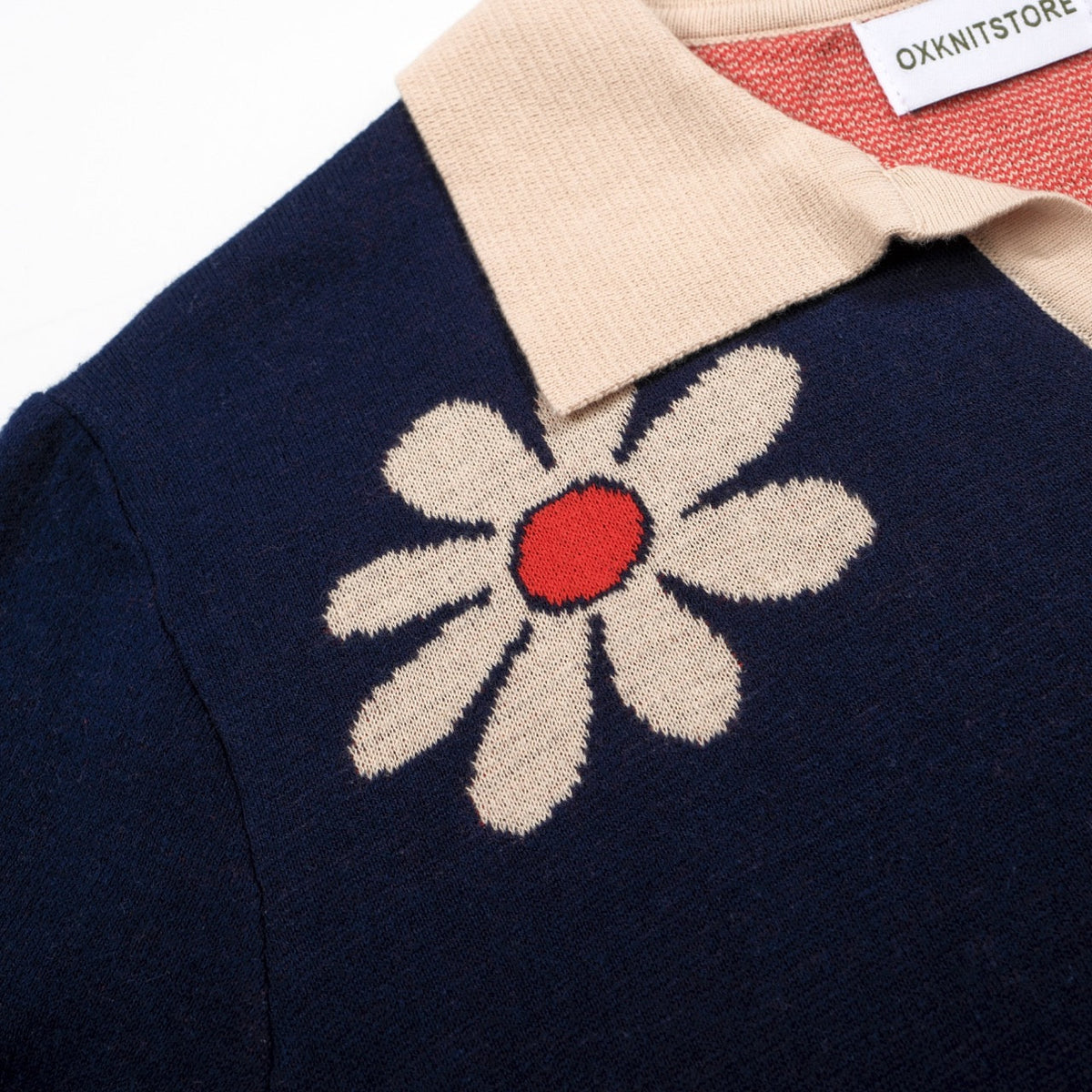 Pull rétro pour homme en tricot fleurs des années 70 – Marine vintage avec motif marguerite