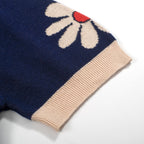 Pull rétro pour homme en tricot fleurs des années 70 – Marine vintage avec motif marguerite