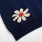 Pull rétro pour homme en tricot fleurs des années 70 – Marine vintage avec motif marguerite