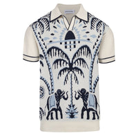 Chemise Homme Polo Safari Tricot Années 70 – Éléphant & Motif Jacquard Palmier