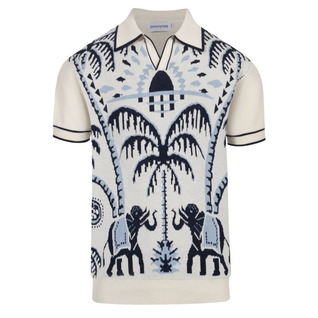 Chemise Homme Polo Safari Tricot Années 70 – Éléphant & Motif Jacquard Palmier