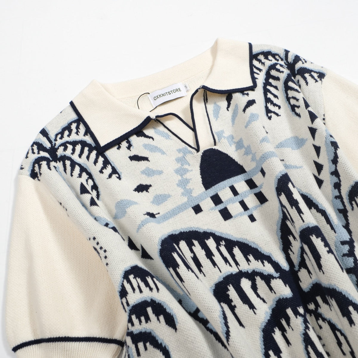 Chemise Homme Polo Safari Tricot Années 70 – Éléphant & Motif Jacquard Palmier