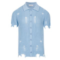 Chemise rétro en maille délavée pour homme – Bleu ciel vintage à boutons et finitions brutes