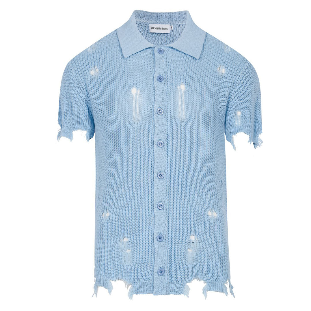 Chemise rétro en maille délavée pour homme – Bleu ciel vintage à boutons et finitions brutes