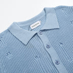 Chemise rétro en maille délavée pour homme – Bleu ciel vintage à boutons et finitions brutes