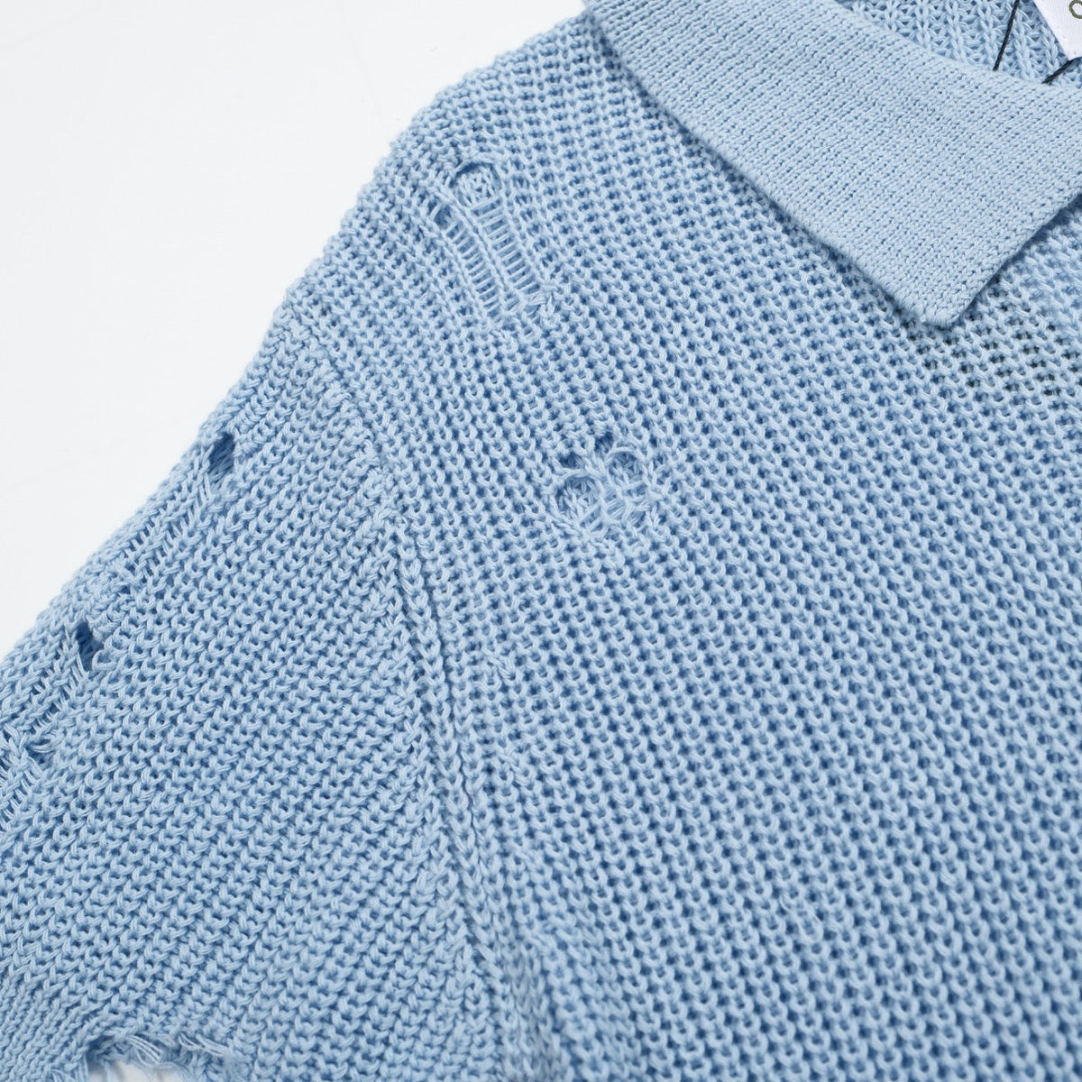 Chemise rétro en maille délavée pour homme – Bleu ciel vintage à boutons et finitions brutes