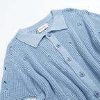 Chemise rétro en maille délavée pour homme – Bleu ciel vintage à boutons et finitions brutes