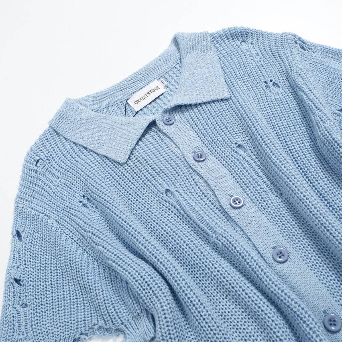 Chemise rétro en maille délavée pour homme – Bleu ciel vintage à boutons et finitions brutes