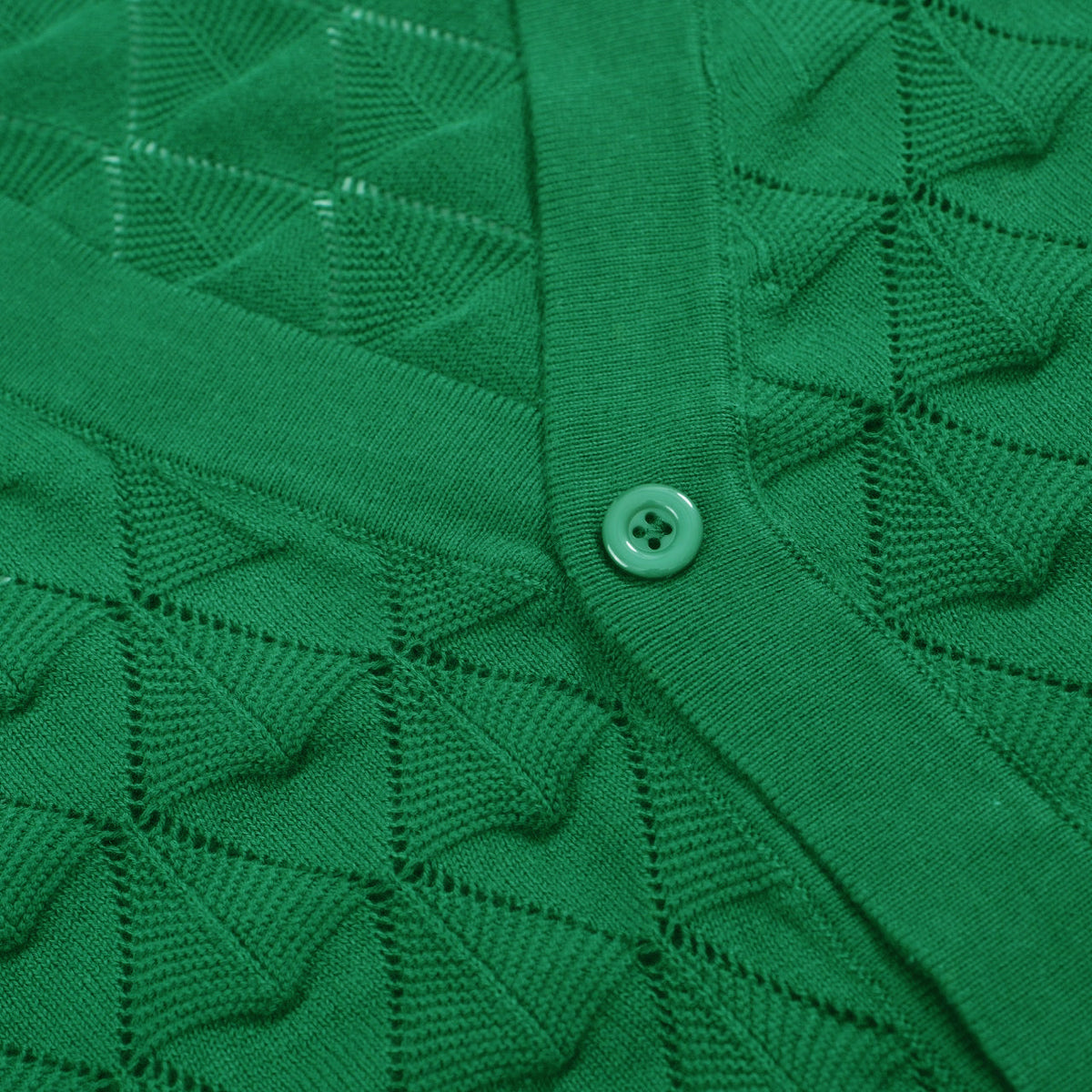 Cardigan tricot vintage homme des années 70 – Chemise verte émeraude ajourée à manches courtes