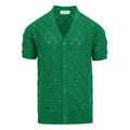 Cardigan tricot vintage homme des années 70 – Chemise verte émeraude ajourée à manches courtes