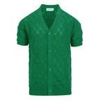 Cardigan tricot vintage homme des années 70 – Chemise verte émeraude ajourée à manches courtes