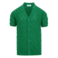 Cardigan tricot vintage homme des années 70 – Chemise verte émeraude ajourée à manches courtes
