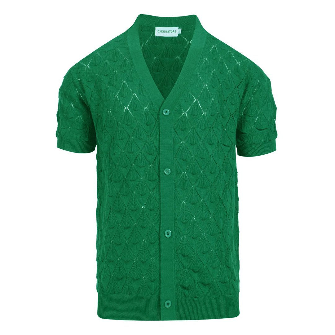 Cardigan tricot vintage homme des années 70 – Chemise verte émeraude ajourée à manches courtes