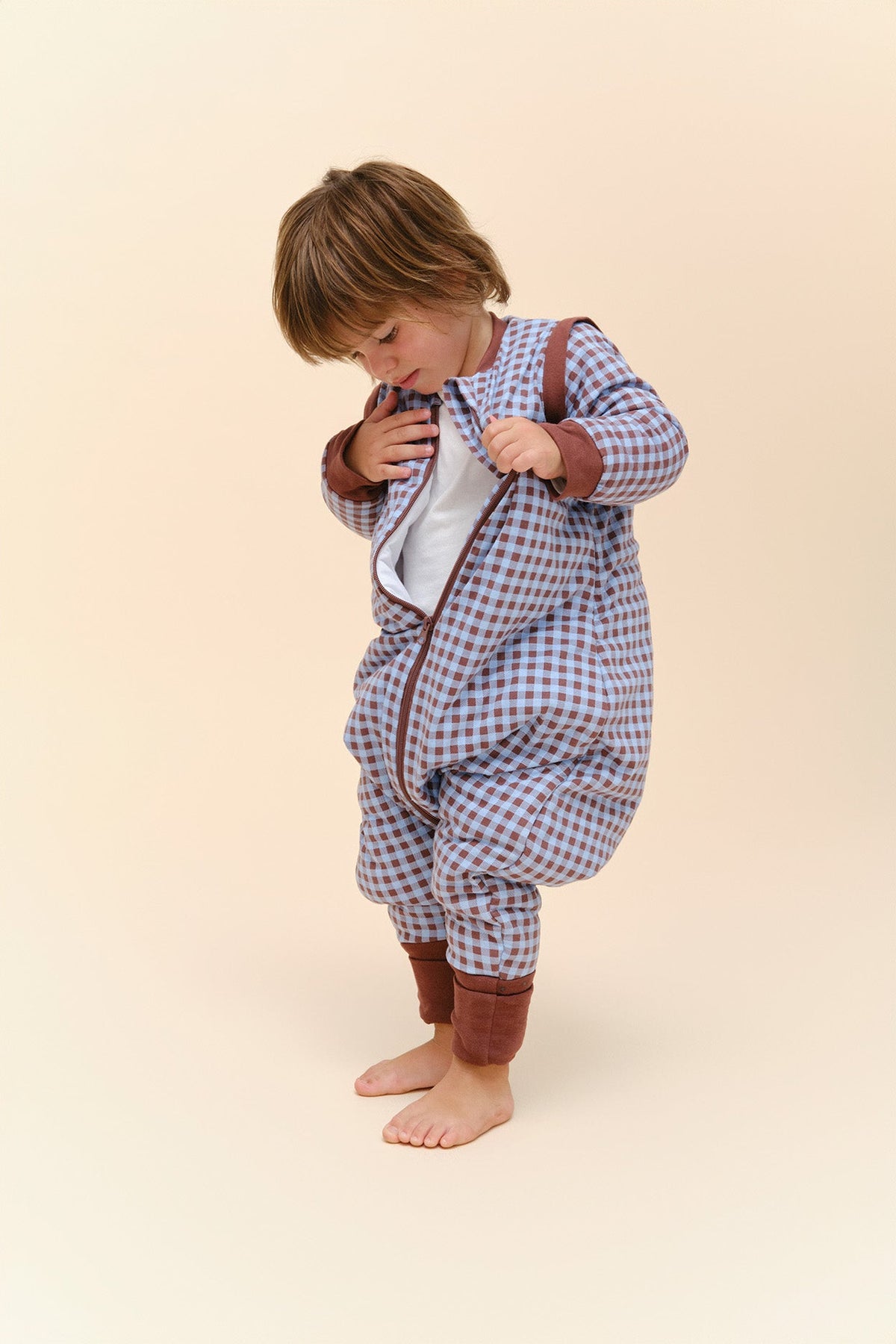 Combinaison de sommeil avec manches et chaussettes - Vichy Marron & Bleu - TOG 2.5