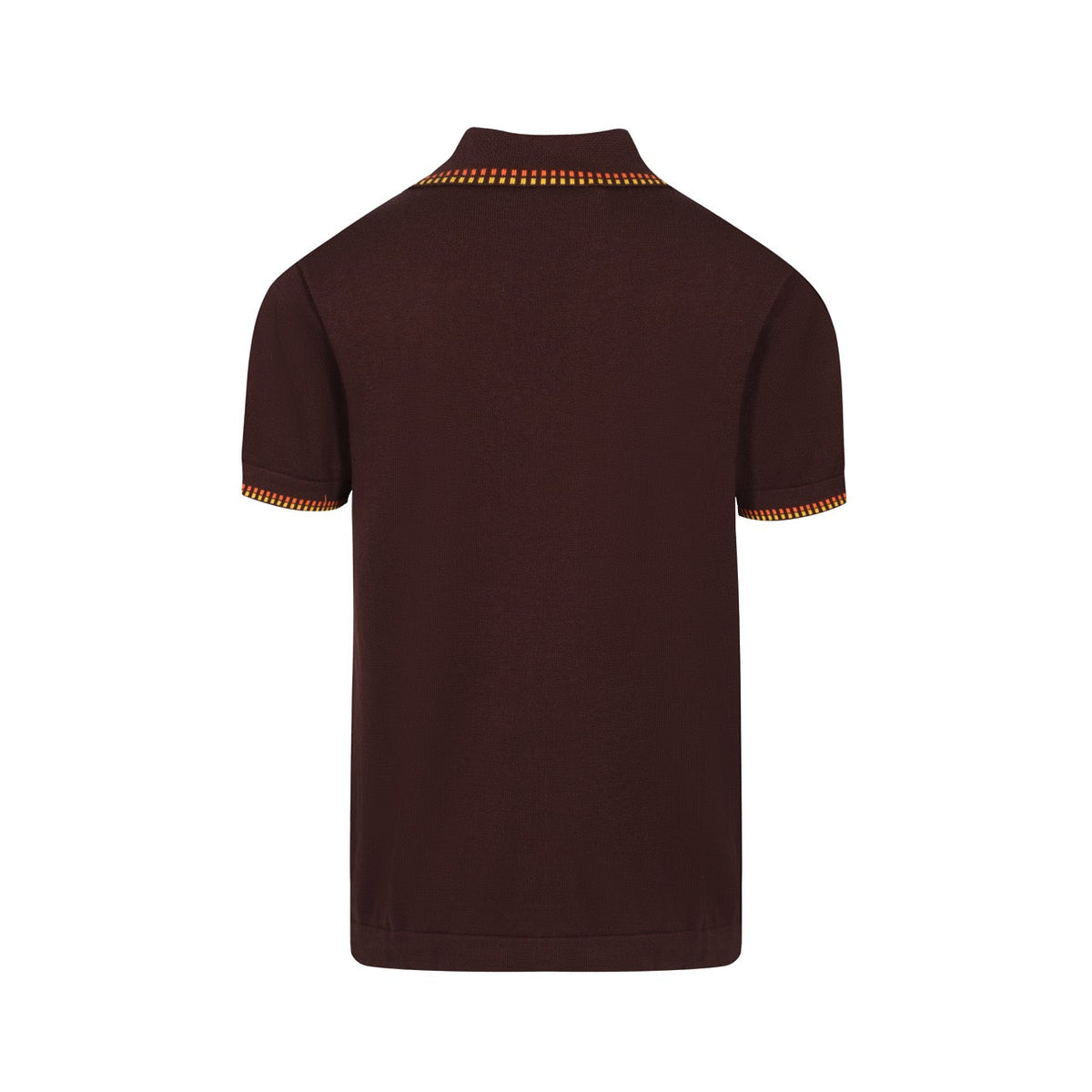 Chemise en maille rétro des années 70 pour homme – Marron avec bordure à carreaux jaunes et rouges