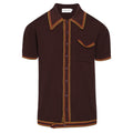 Chemise en maille rétro des années 70 pour homme – Marron avec bordure à carreaux jaunes et rouges