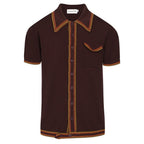 Chemise en maille rétro des années 70 pour homme – Marron avec bordure à carreaux jaunes et rouges