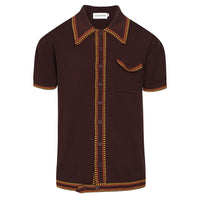 Chemise en maille rétro des années 70 pour homme – Marron avec bordure à carreaux jaunes et rouges