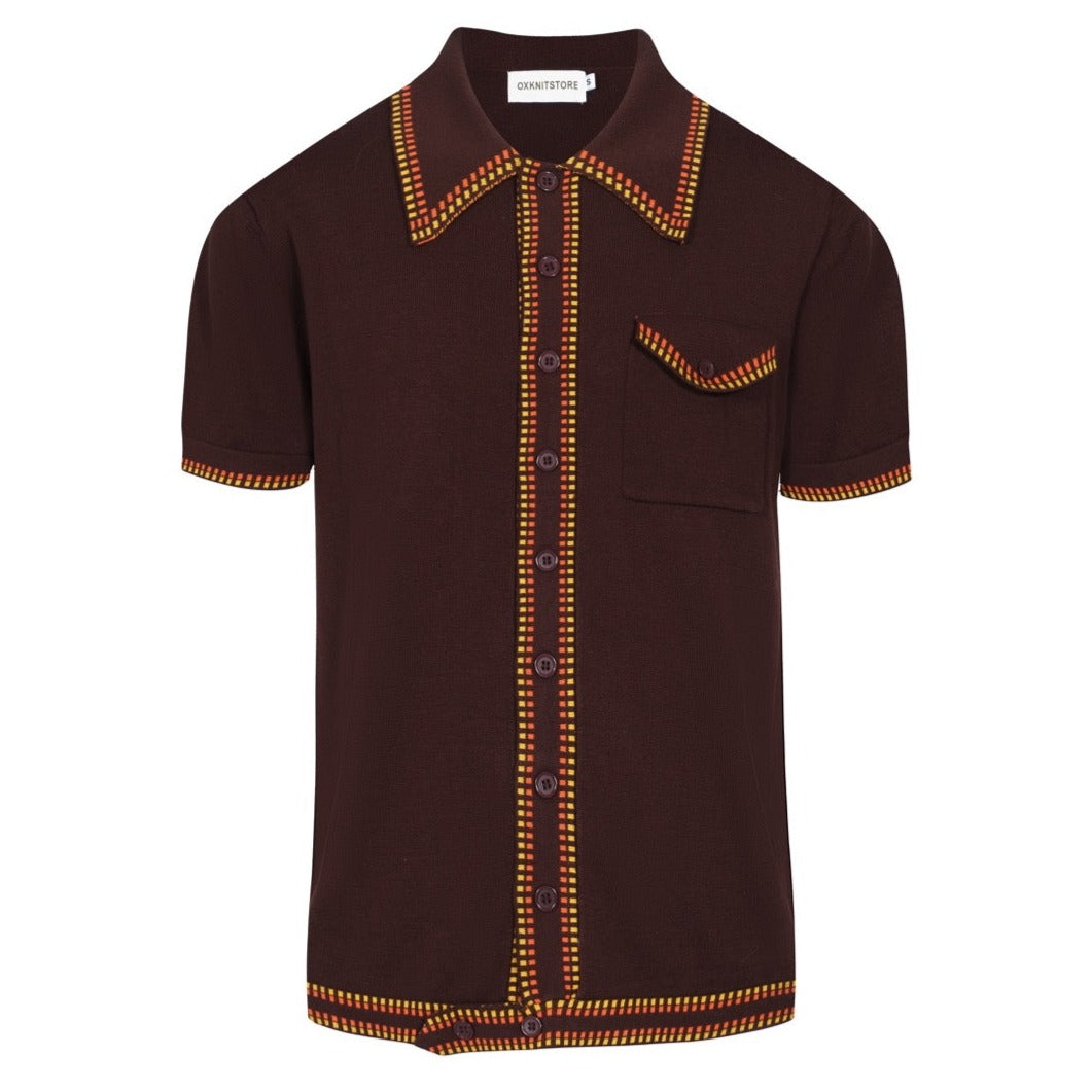 Chemise en maille rétro des années 70 pour homme – Marron avec bordure à carreaux jaunes et rouges